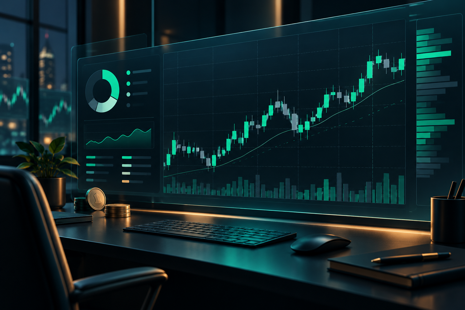 Ilustración de un espacio de trading con gráficos de mercado